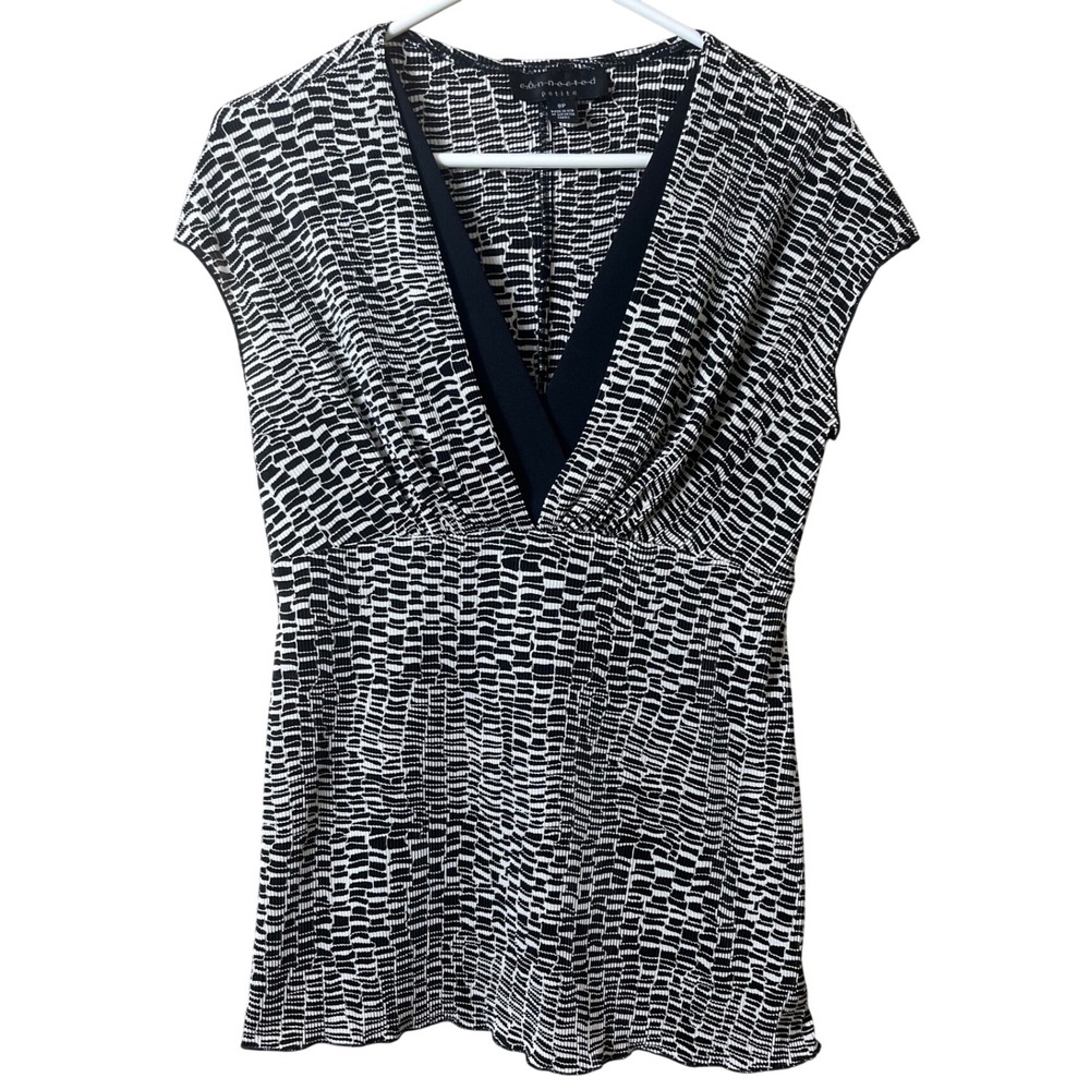 Connected Petite Black White Geometric V-Neck Pleated Blouse Top 8P Office Siren